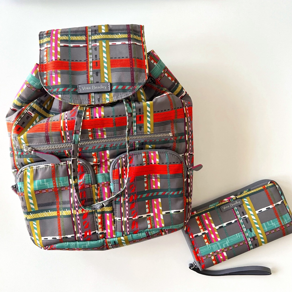 Vera Bradley City Plaid Midtown Cargo Backpack And Matching Wallet